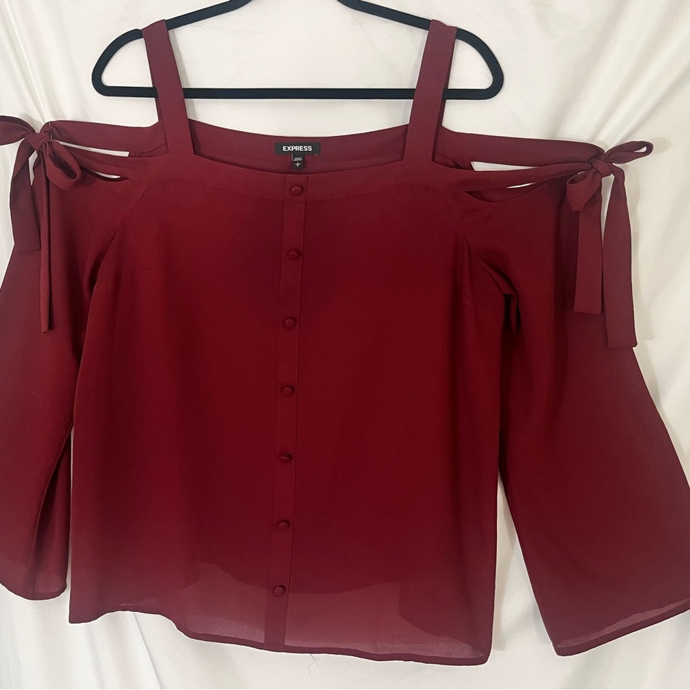 Express Burgundy Cold-Shoulder Tie-Sleeve Button Front Blouse